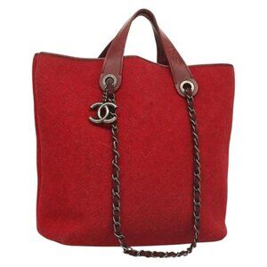 CHANEL Matelasse Chain Shoulder Bag Wool 2way Red CC